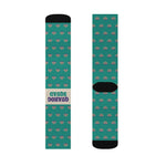 Flat front-and-back layout of Quahog Squad Rhode Island clam socks, black cuffs above an all-over teal clam print