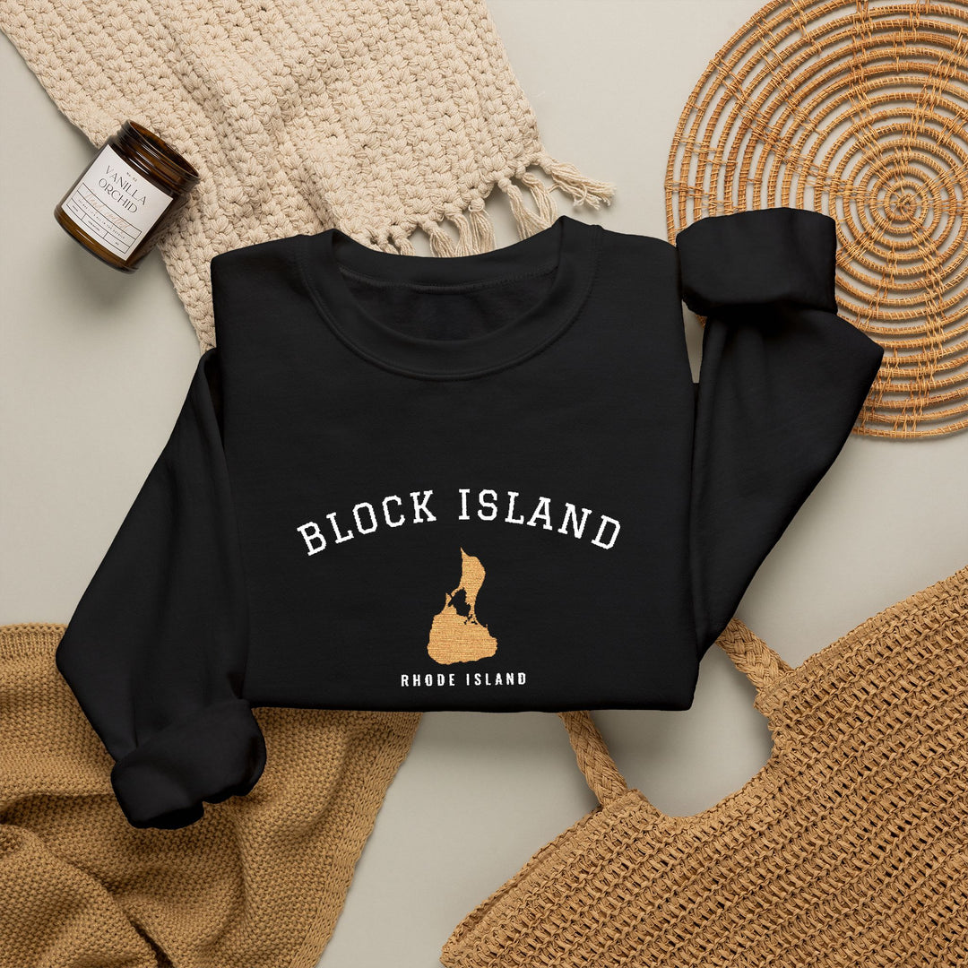 Crewneck sweatshirt with BLOCK ISLAND embroidered in arched varsity letters over a stitched Block Island map and RHODE ISLAND