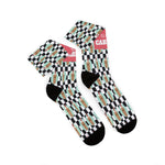 Folded pair of I'll Have a Cabinet Rhode Island socks stacked at an angle, black heels and checkered mint and tan pattern