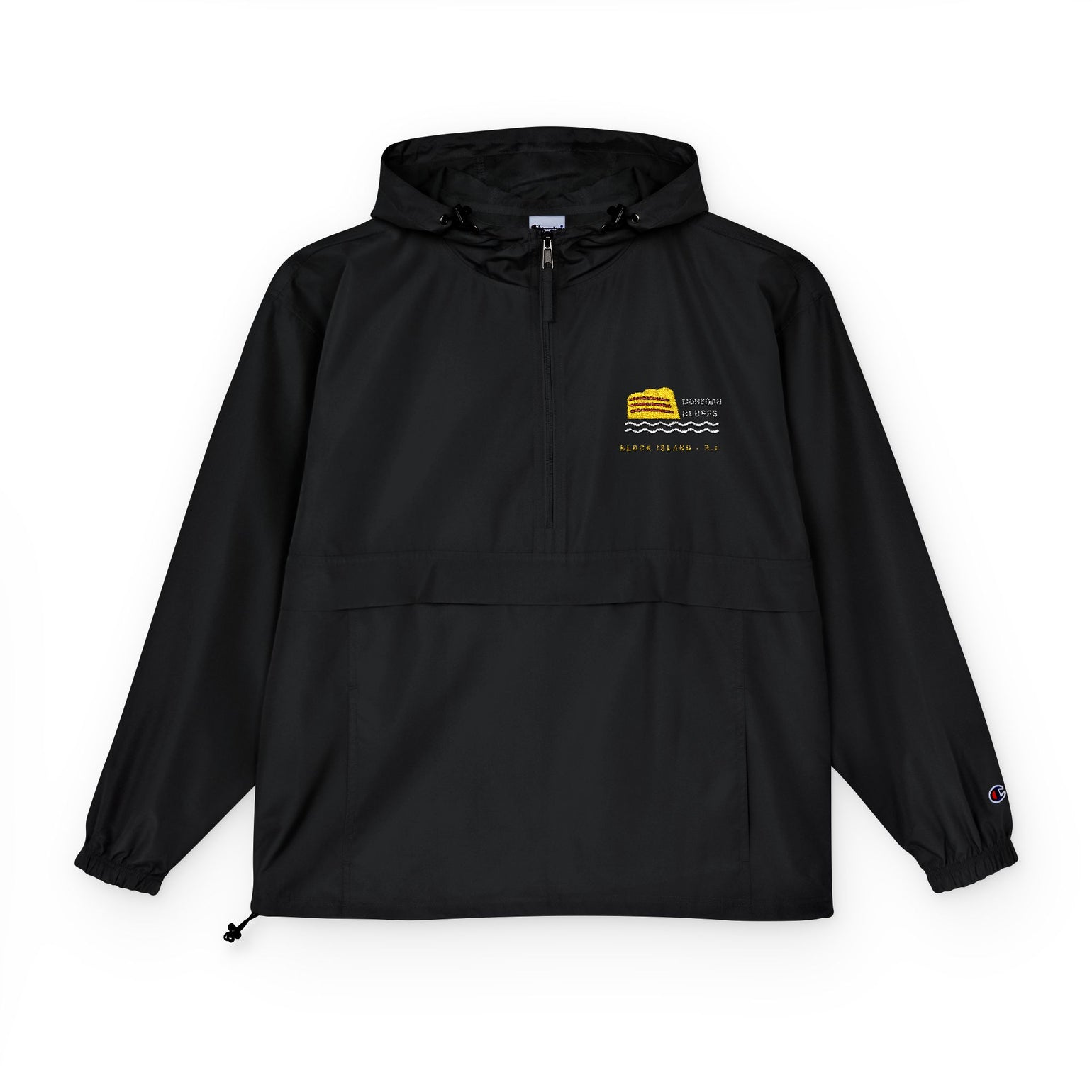 Champion packable anorak with embroidered Mohegan Bluffs cliff and surf mark on the left chest — view 4