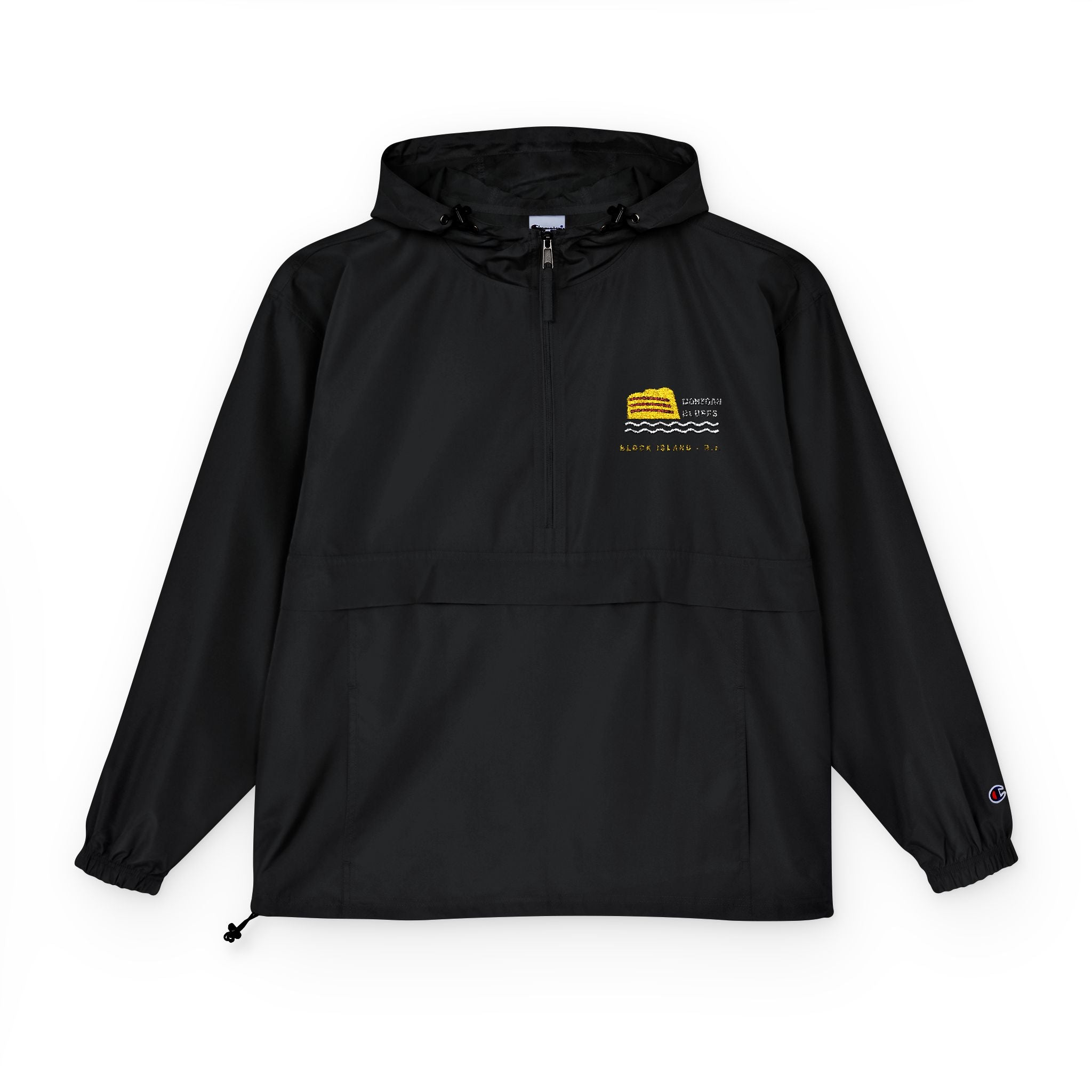 Champion packable anorak with embroidered Mohegan Bluffs cliff and surf mark on the left chest — view 4