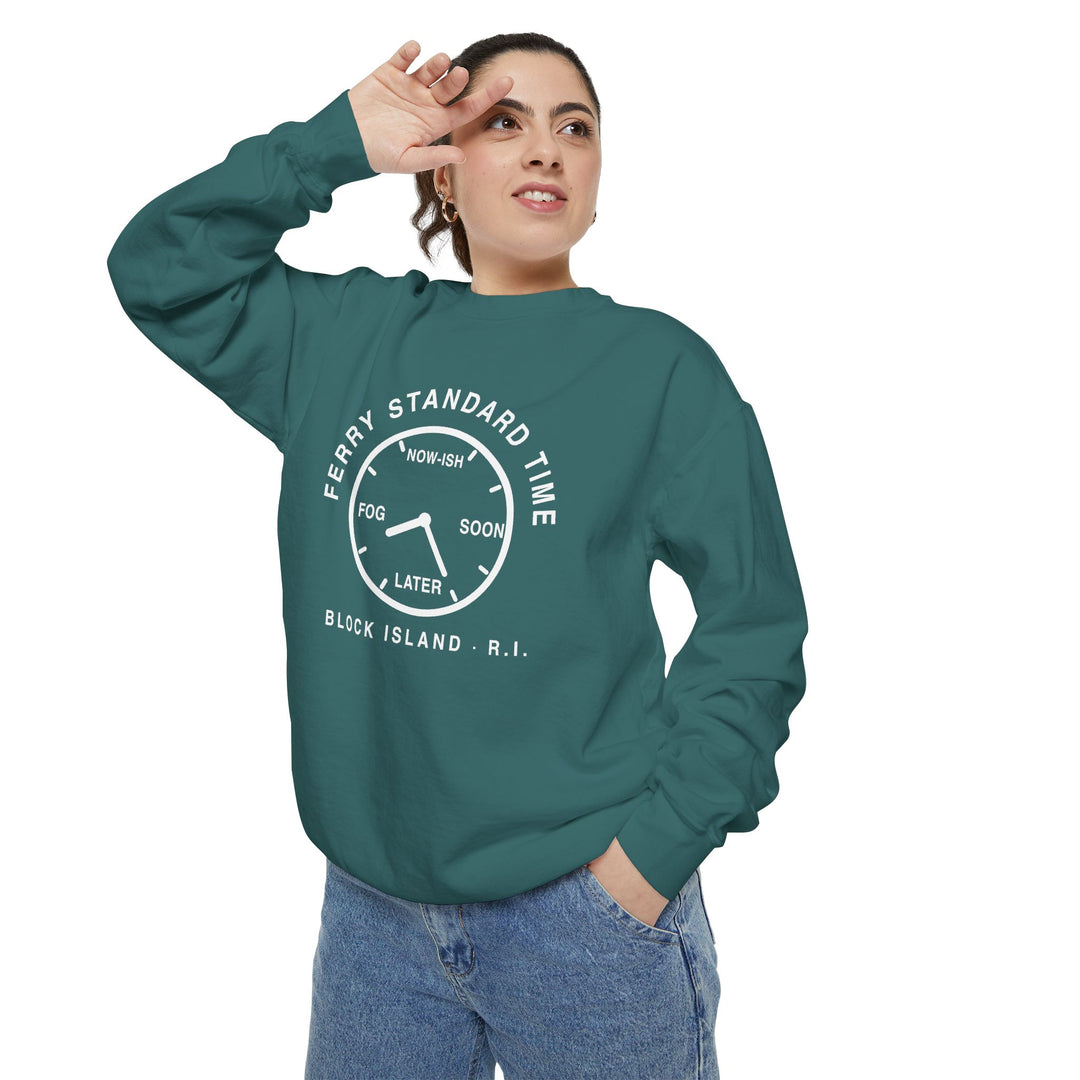 Ferry Standard Time crewneck: white clock face reading Now-ish, Soon, Later and Fog, Block Island R.I. — view 18