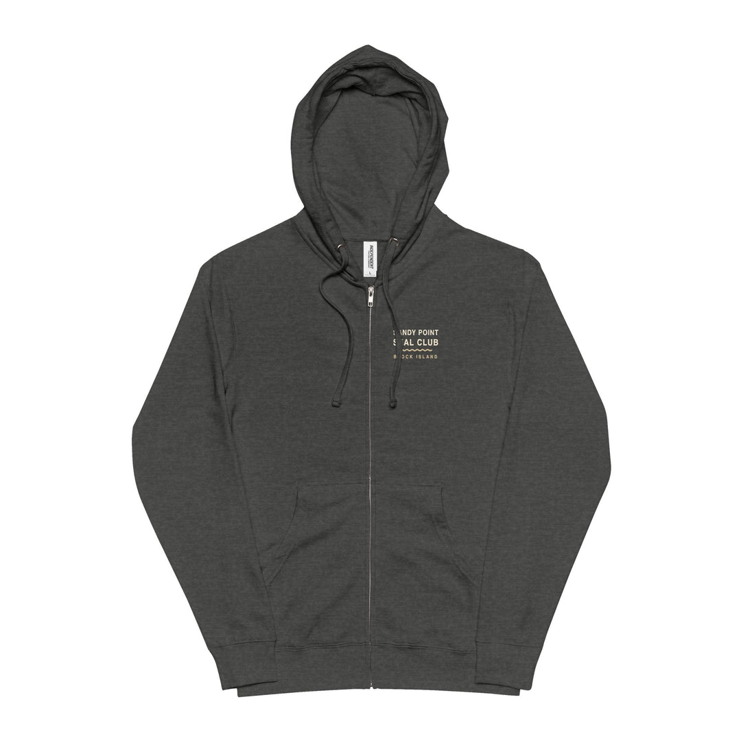 Sandy Point Seal Club zip hoodie back: grey seal on a rock with North Light, Block Island, in a round badge — view 6
