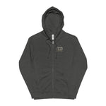 Sandy Point Seal Club zip hoodie back: grey seal on a rock with North Light, Block Island, in a round badge — view 6
