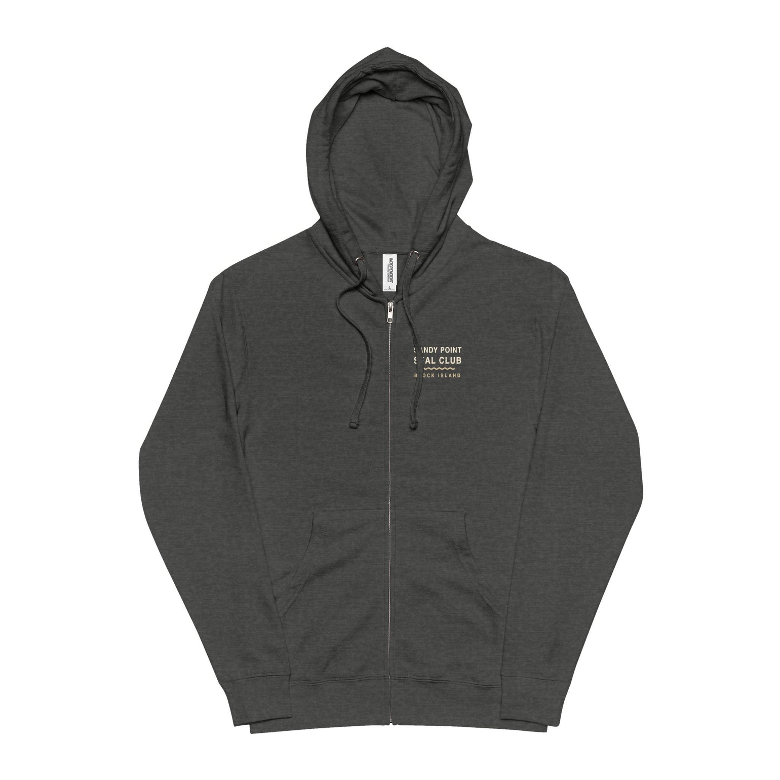 Sandy Point Seal Club zip hoodie back: grey seal on a rock with North Light, Block Island, in a round badge — view 6