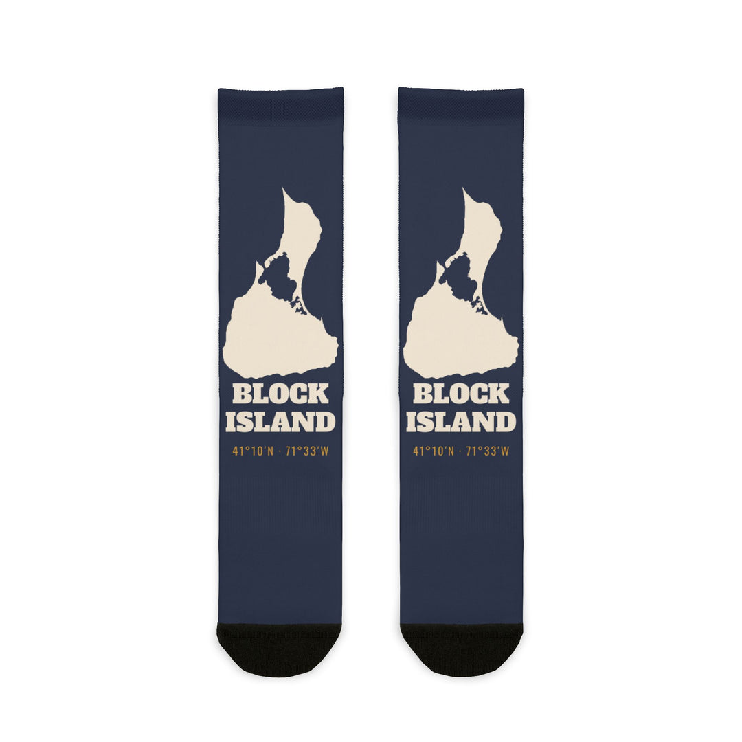 BlockBoundRI Block Island Outline socks in navy with cream island map and BLOCK ISLAND lettering, flat lay