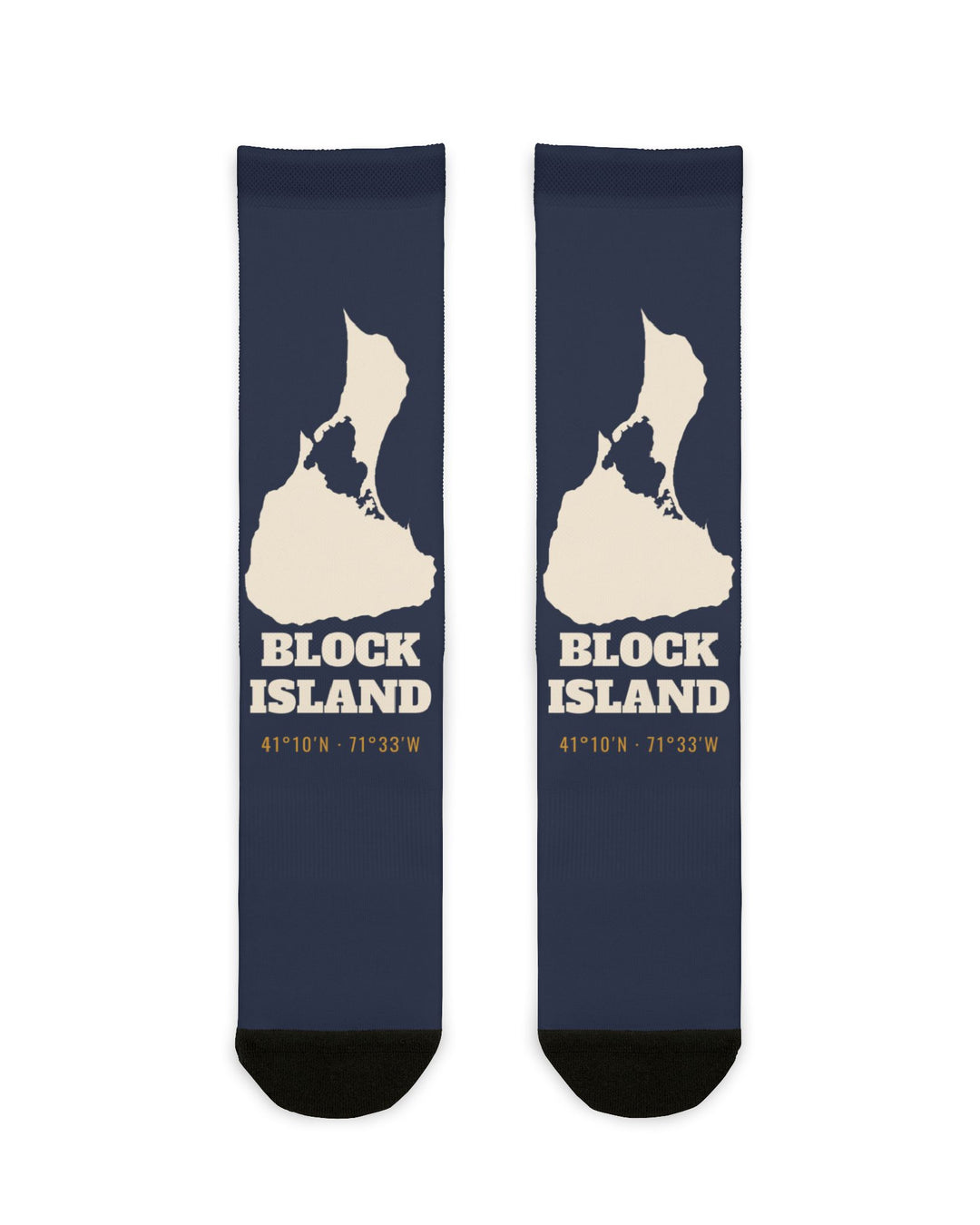 BlockBoundRI Block Island Outline socks in navy with cream island map and BLOCK ISLAND lettering, flat lay