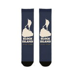 BlockBoundRI Block Island Outline socks in navy with cream island map and BLOCK ISLAND lettering, flat lay