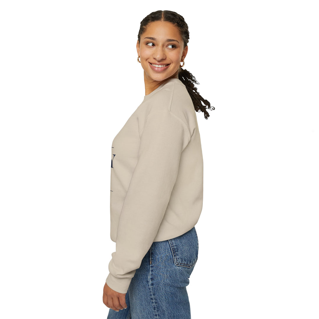 Smiling woman turned sideways in the sand I Waited in the Standby Line Rhode Island sweatshirt