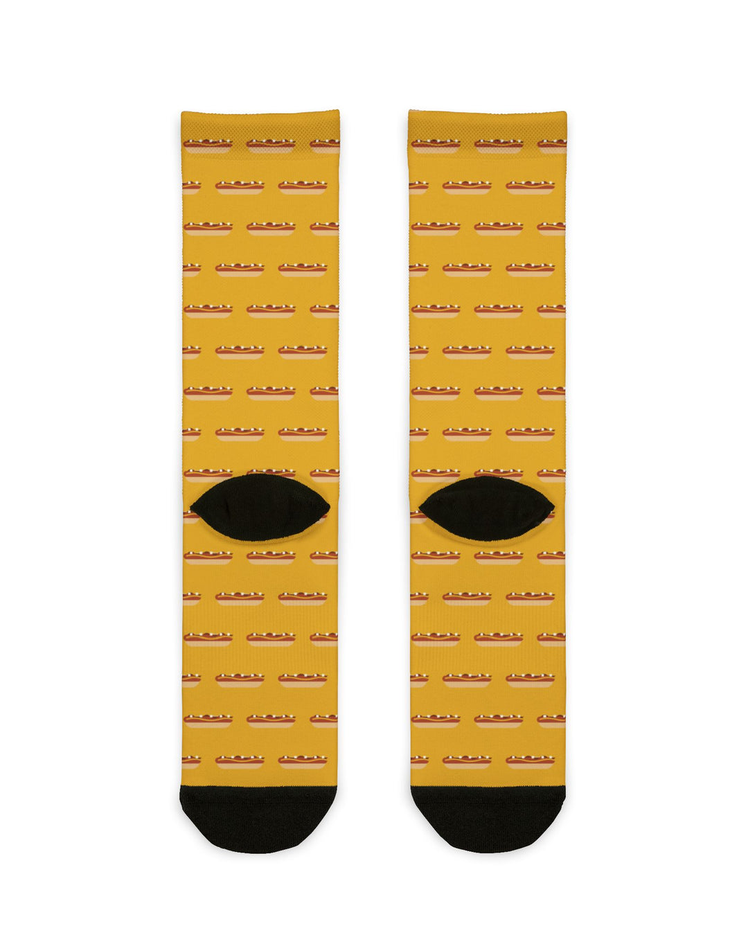 Back of mustard yellow Rhode Island hot wiener socks flat lay with rows of wieners and black heels