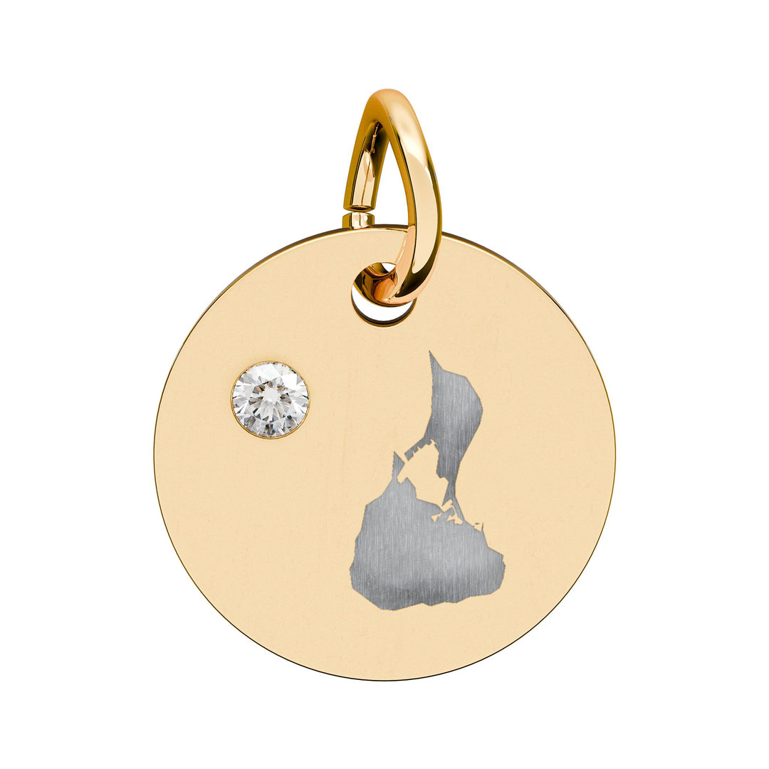 Round engraved Block Island charm with a cubic zirconia birthstone
