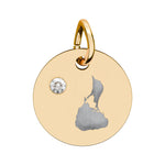 Round engraved Block Island charm with a cubic zirconia birthstone