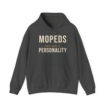 BlockBoundRI dark heather gray Mopeds Are Not a Personality Block Island hoodie, front view with cream lettering