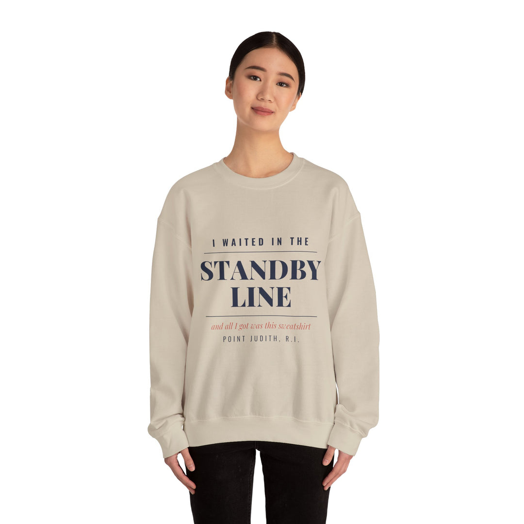Woman in black pants modeling the sand I Waited in the Standby Line Rhode Island sweatshirt