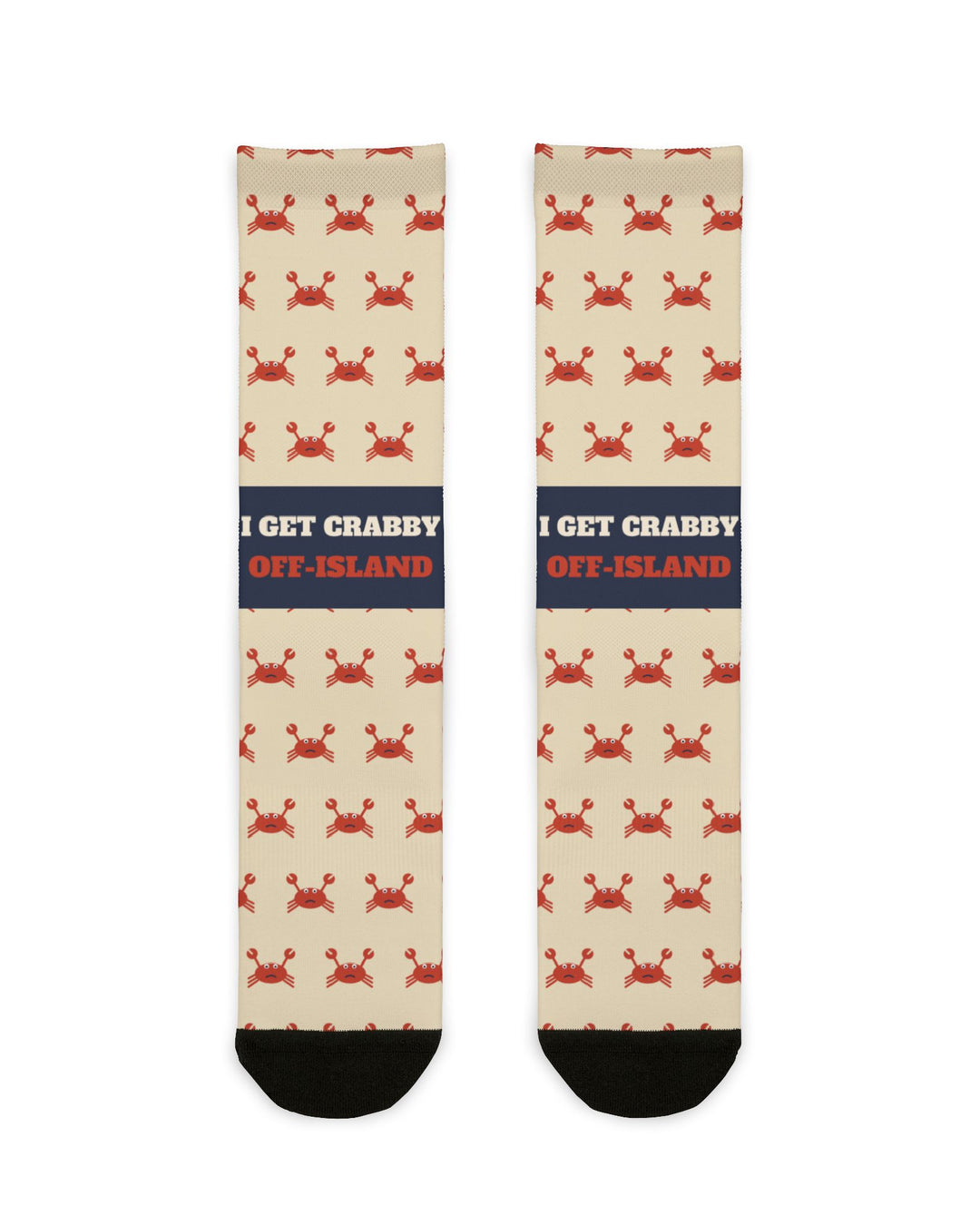 BlockBoundRI I Get Crabby Off-Island crab socks flat lay, tan with red crabs and a navy slogan band, funny beach socks