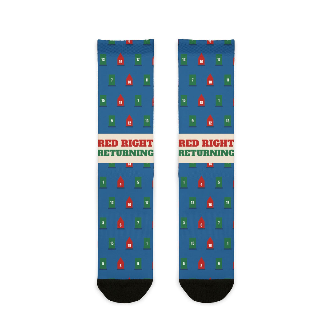 BlockBoundRI Red Right Returning nautical crew socks, blue with red and green buoys and cream slogan band, flat lay