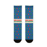 BlockBoundRI Red Right Returning nautical crew socks, blue with red and green buoys and cream slogan band, flat lay