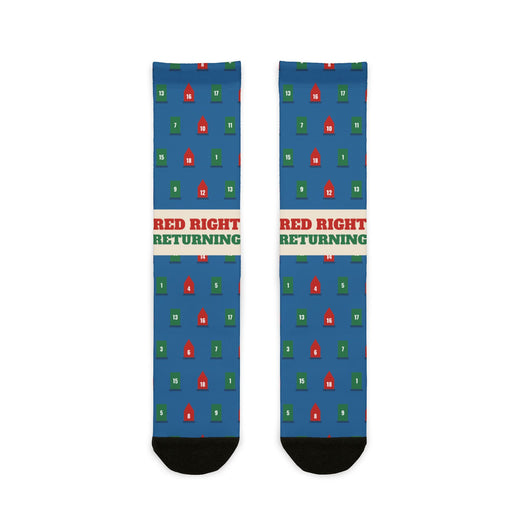 BlockBoundRI Red Right Returning nautical crew socks, blue with red and green buoys and cream slogan band, flat lay