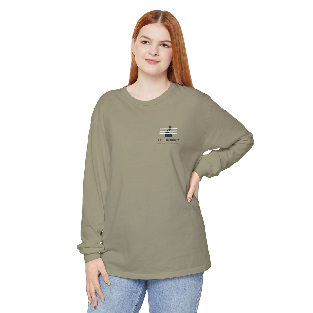 Block Island Fog Index long sleeve: five fog levels from Clear to Island Classic with ferry illustrations — view 14
