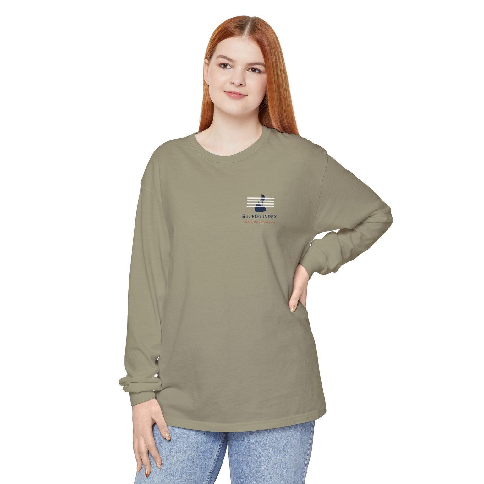 Block Island Fog Index long sleeve: five fog levels from Clear to Island Classic with ferry illustrations — view 14