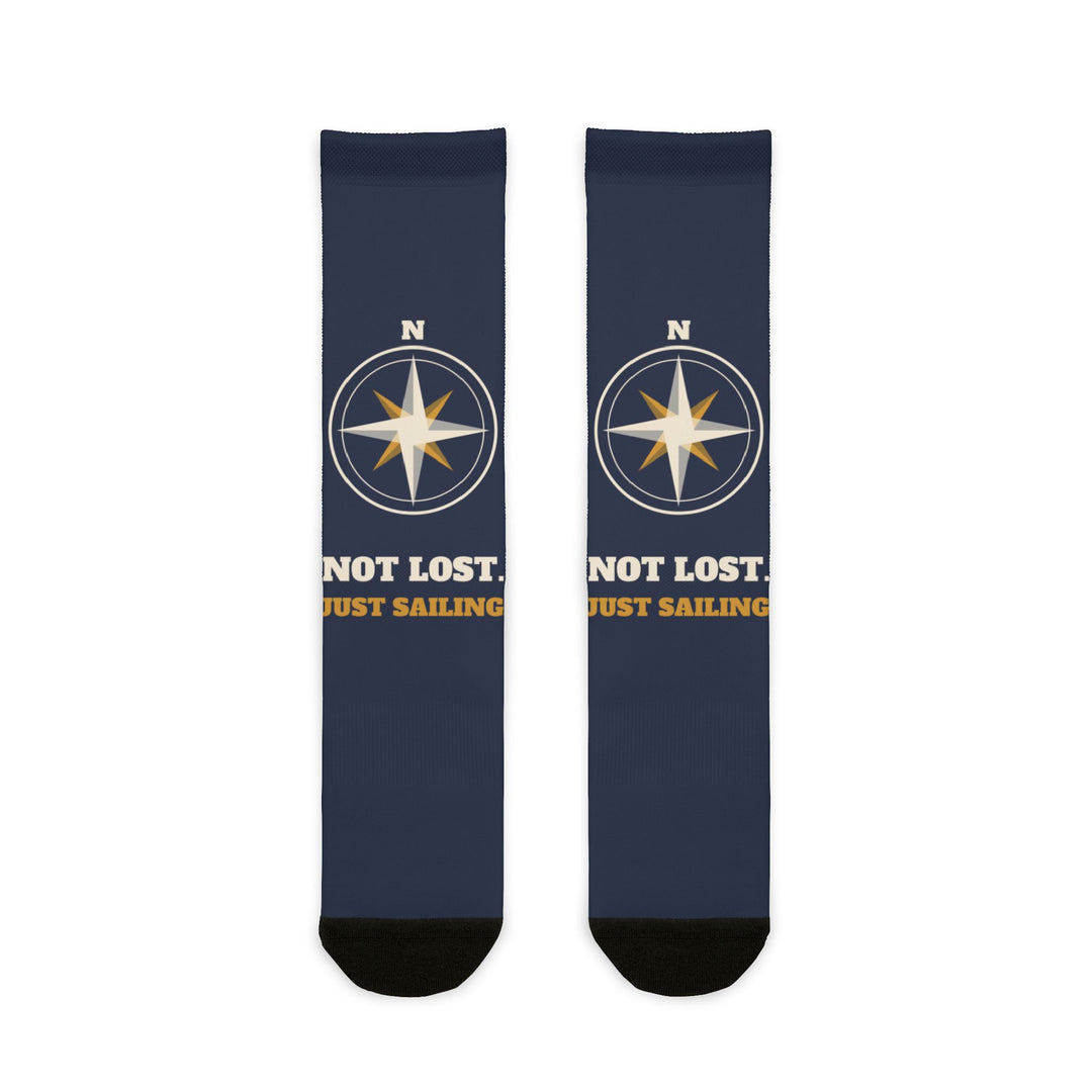 BlockBoundRI Not Lost, Just Sailing nautical crew socks, navy with white and gold compass rose, front flat lay