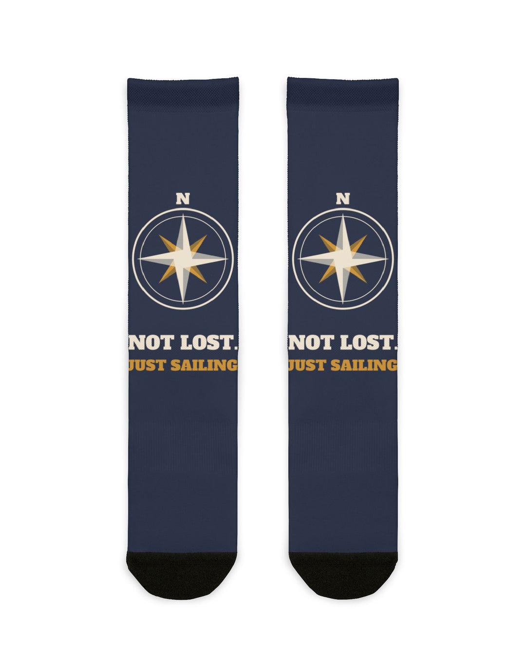BlockBoundRI Not Lost, Just Sailing nautical crew socks, navy with white and gold compass rose, front flat lay