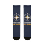 BlockBoundRI Not Lost, Just Sailing nautical crew socks, navy with white and gold compass rose, front flat lay