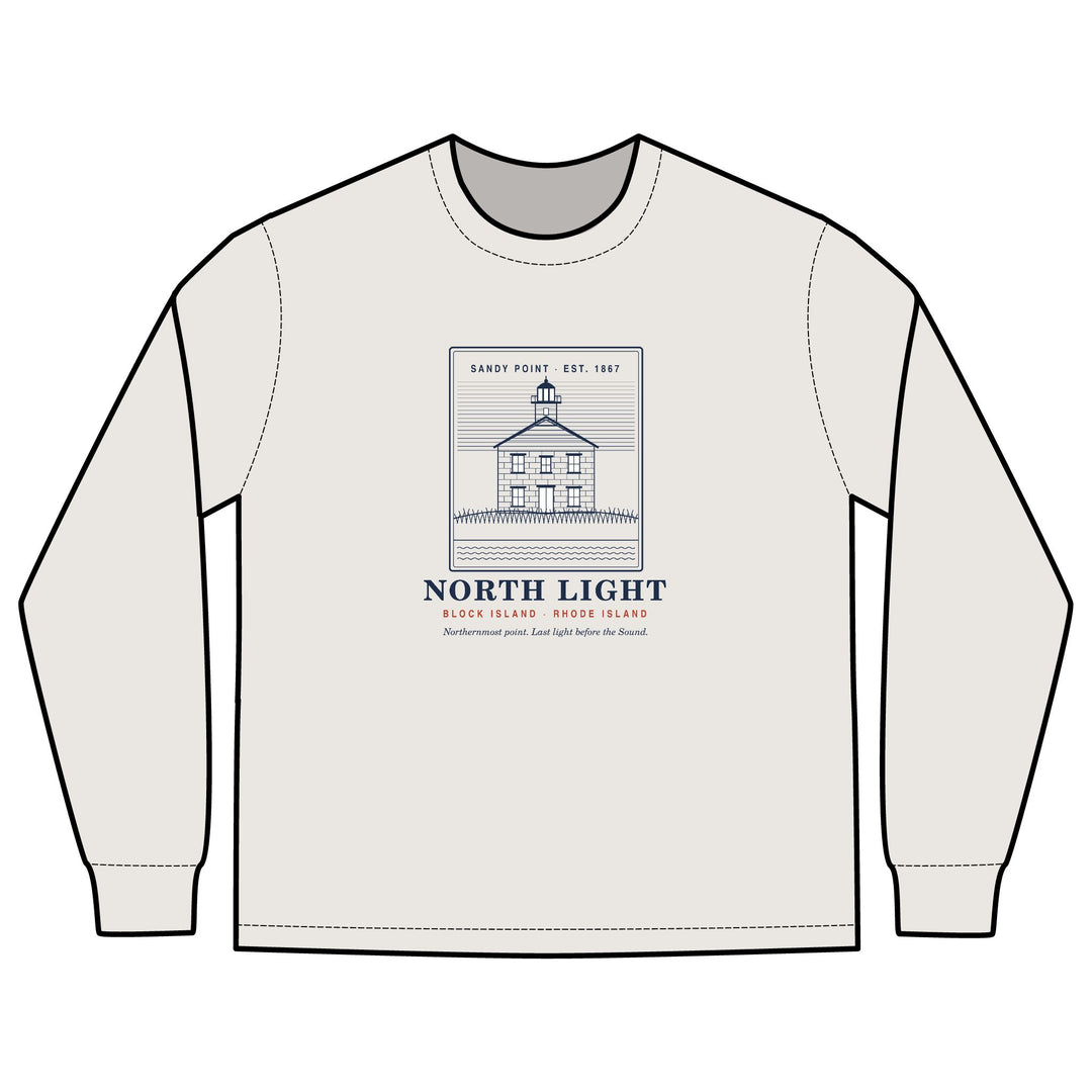 North Light men's long sleeve: engraving-style Block Island North Light lighthouse at Sandy Point above dune grass