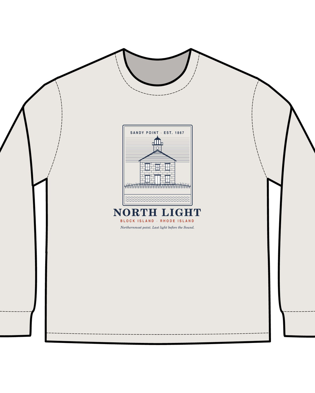 North Light men's long sleeve: engraving-style Block Island North Light lighthouse at Sandy Point above dune grass