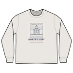 North Light men's long sleeve: engraving-style Block Island North Light lighthouse at Sandy Point above dune grass