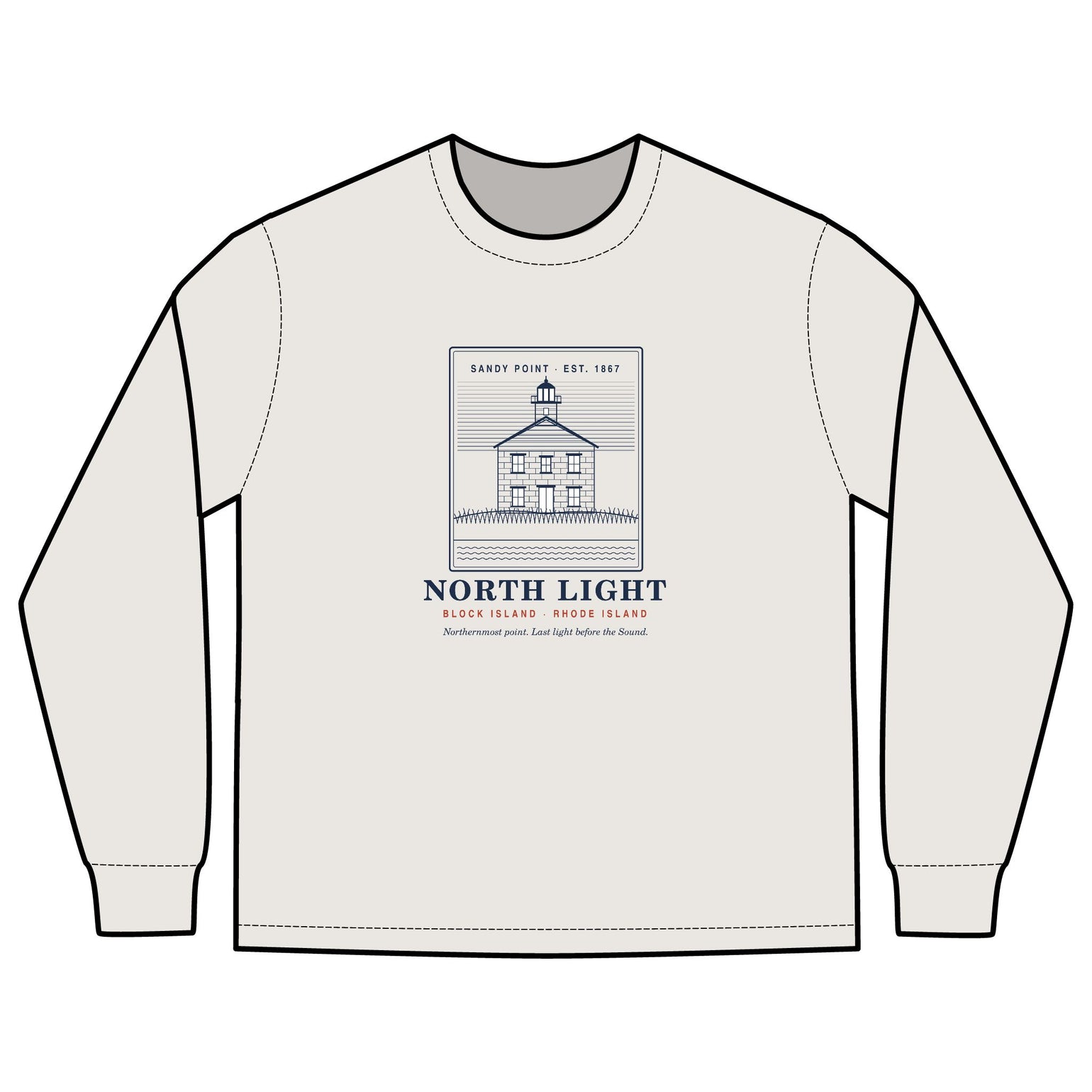 North Light men's long sleeve: engraving-style Block Island North Light lighthouse at Sandy Point above dune grass