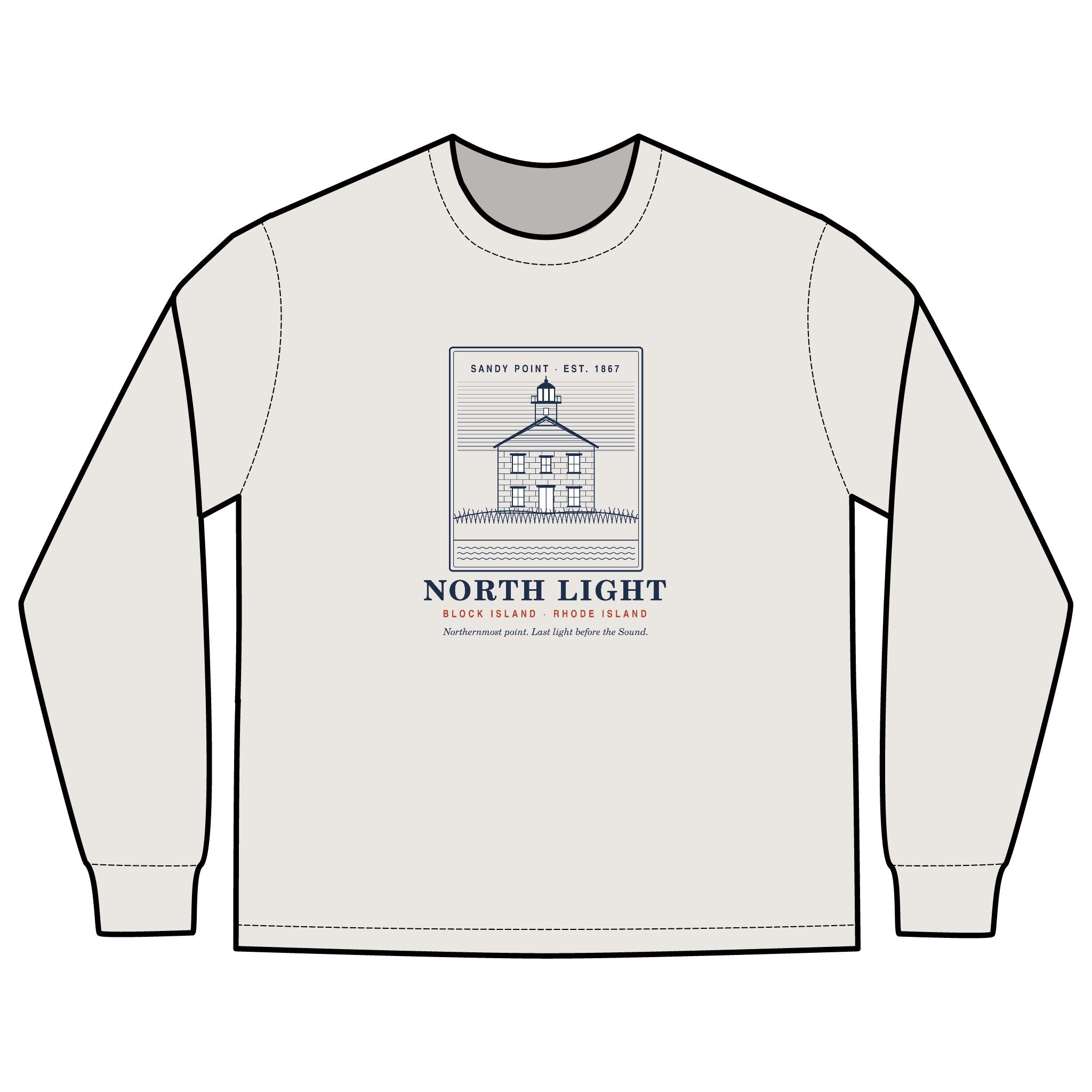 North Light men's long sleeve: engraving-style Block Island North Light lighthouse at Sandy Point above dune grass