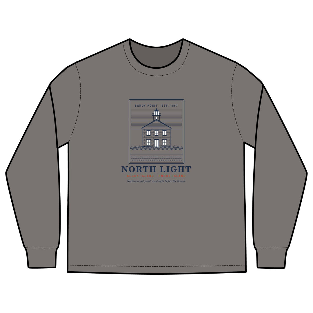 North Light men's long sleeve: engraving-style Block Island North Light lighthouse at Sandy Point above dune grass — view 3