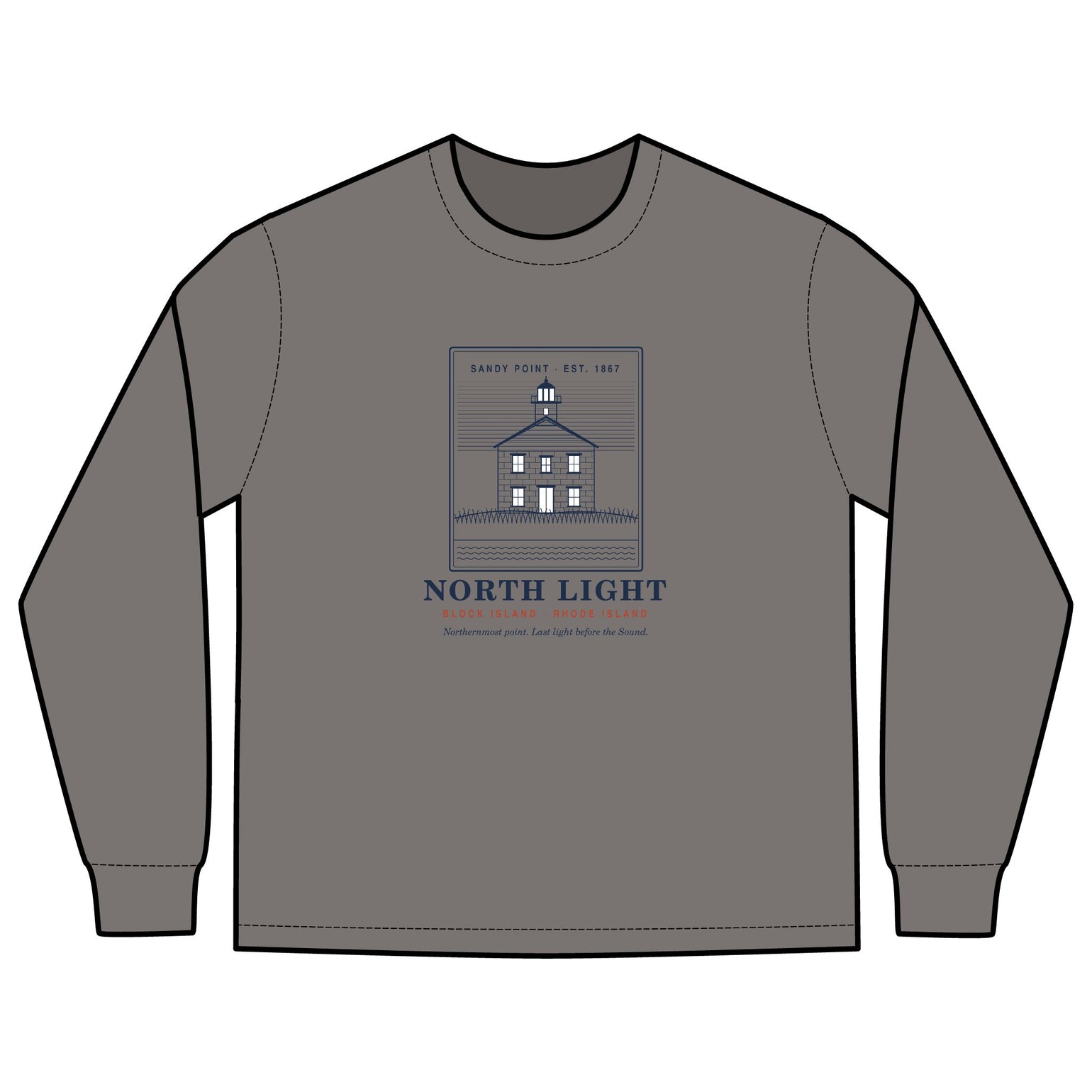 North Light men's long sleeve: engraving-style Block Island North Light lighthouse at Sandy Point above dune grass — view 3