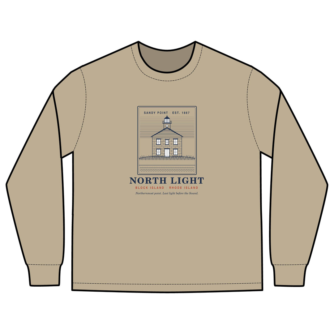 North Light men's long sleeve: engraving-style Block Island North Light lighthouse at Sandy Point above dune grass — view 2