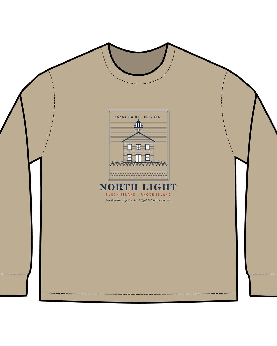 North Light men's long sleeve: engraving-style Block Island North Light lighthouse at Sandy Point above dune grass — view 2