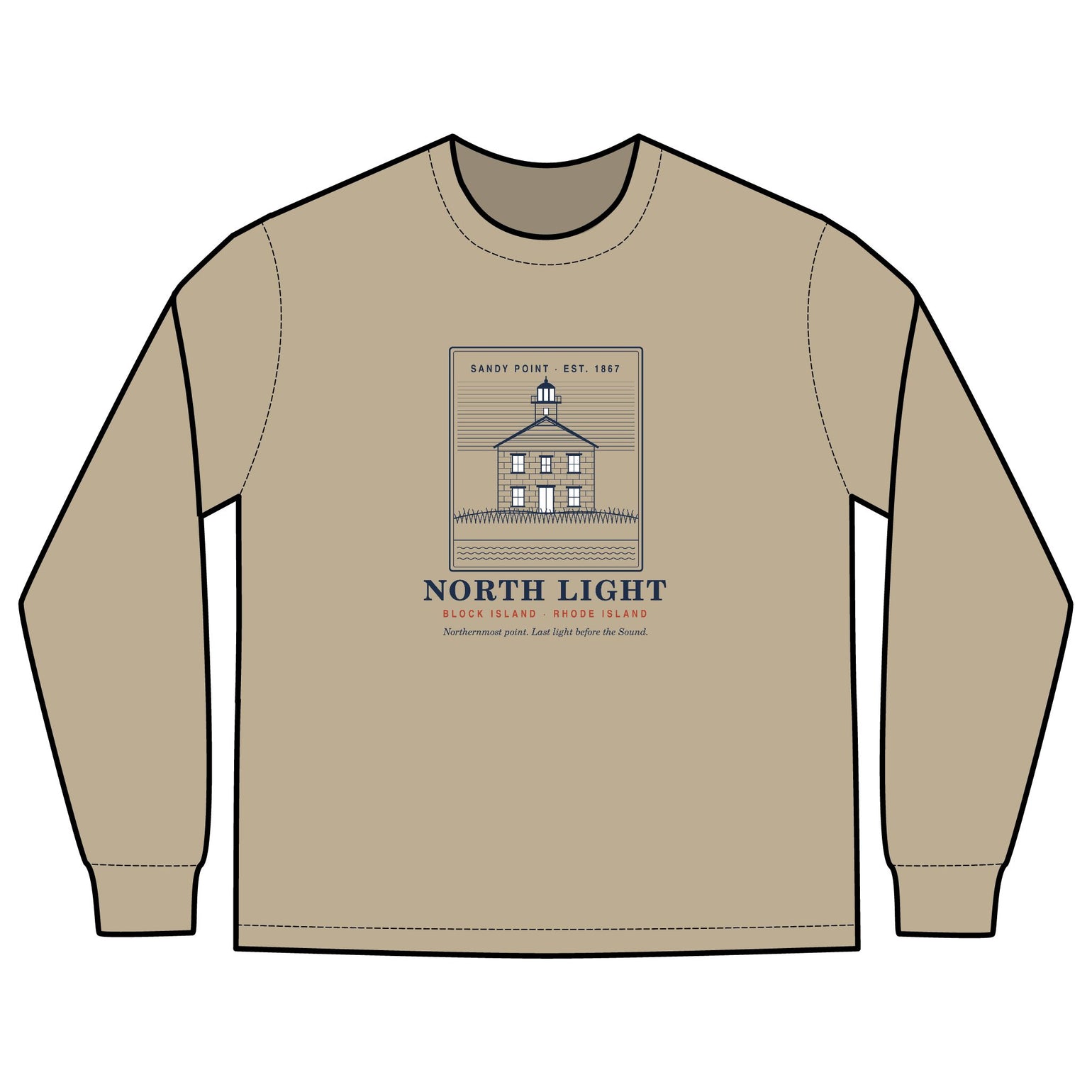 North Light men's long sleeve: engraving-style Block Island North Light lighthouse at Sandy Point above dune grass — view 2