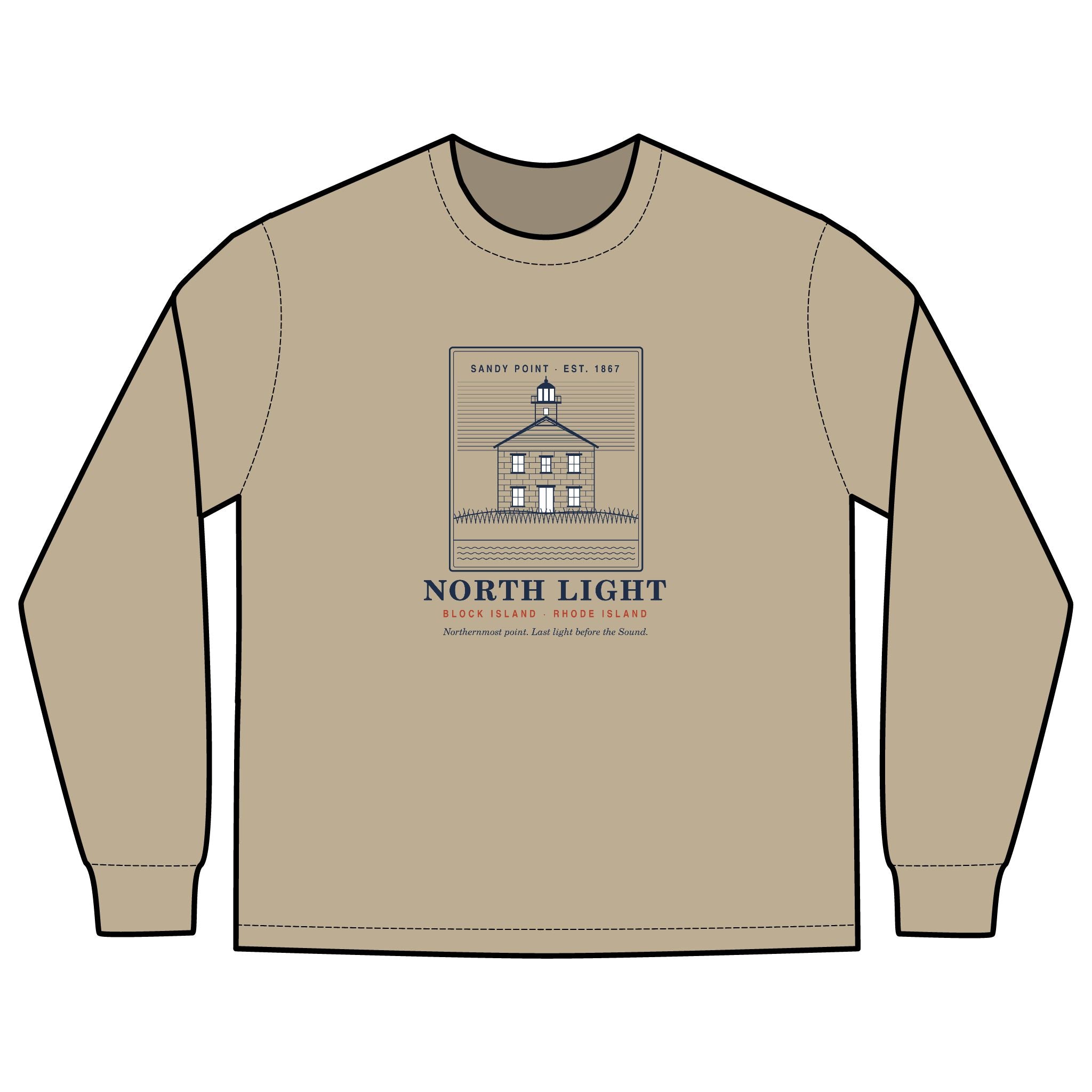 North Light men's long sleeve: engraving-style Block Island North Light lighthouse at Sandy Point above dune grass — view 2