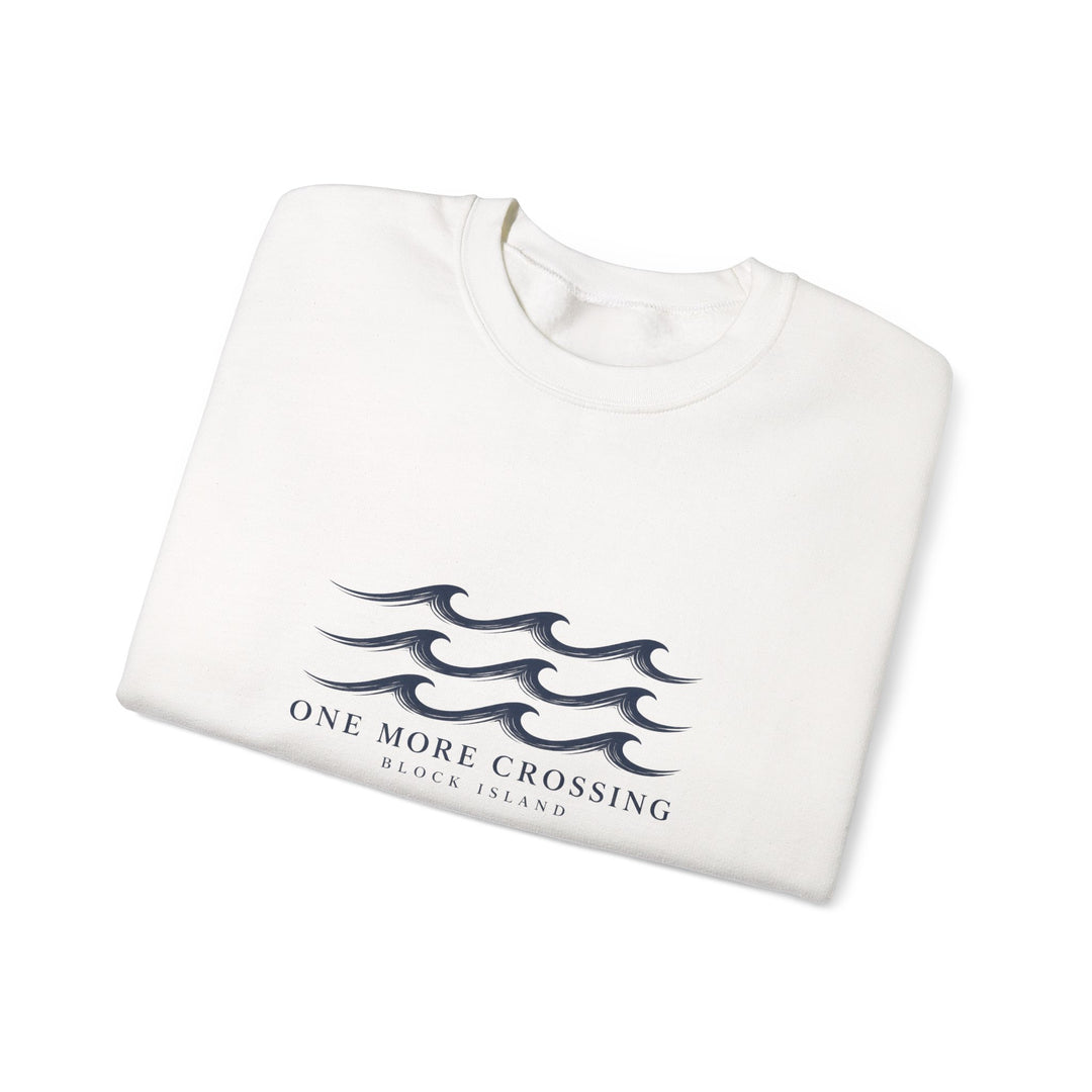 Folded white Rhode Island sweatshirt with navy wave graphic and One More Crossing Block Island text
