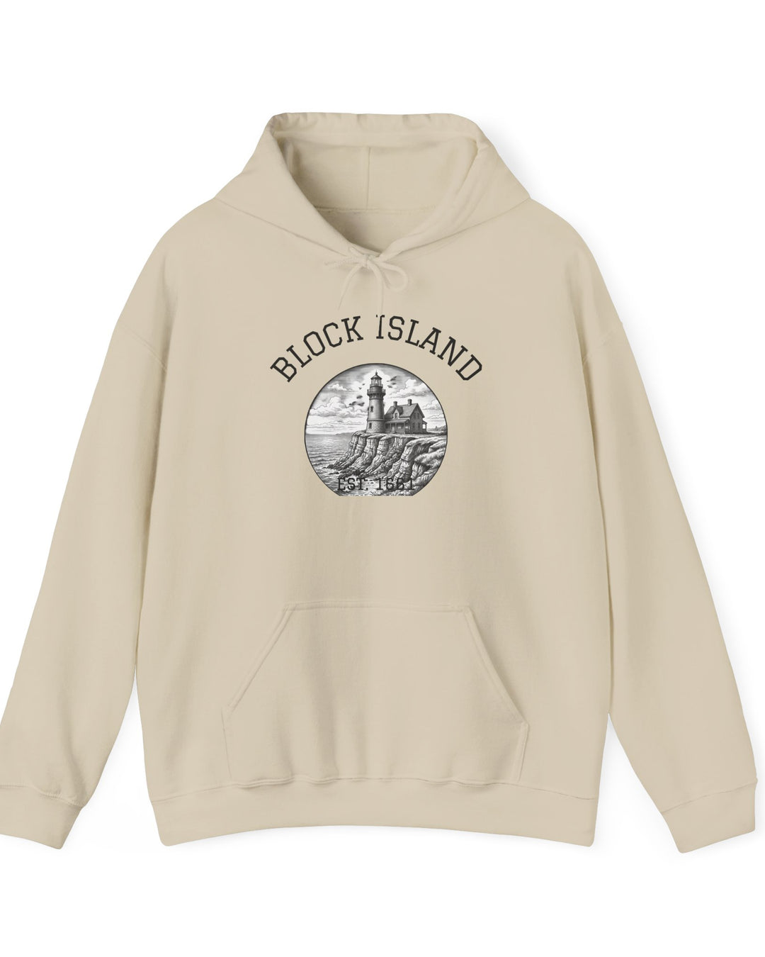 Southeast Light Hoodie, Block Island Lighthouse in Sand, BlockBoundRI
