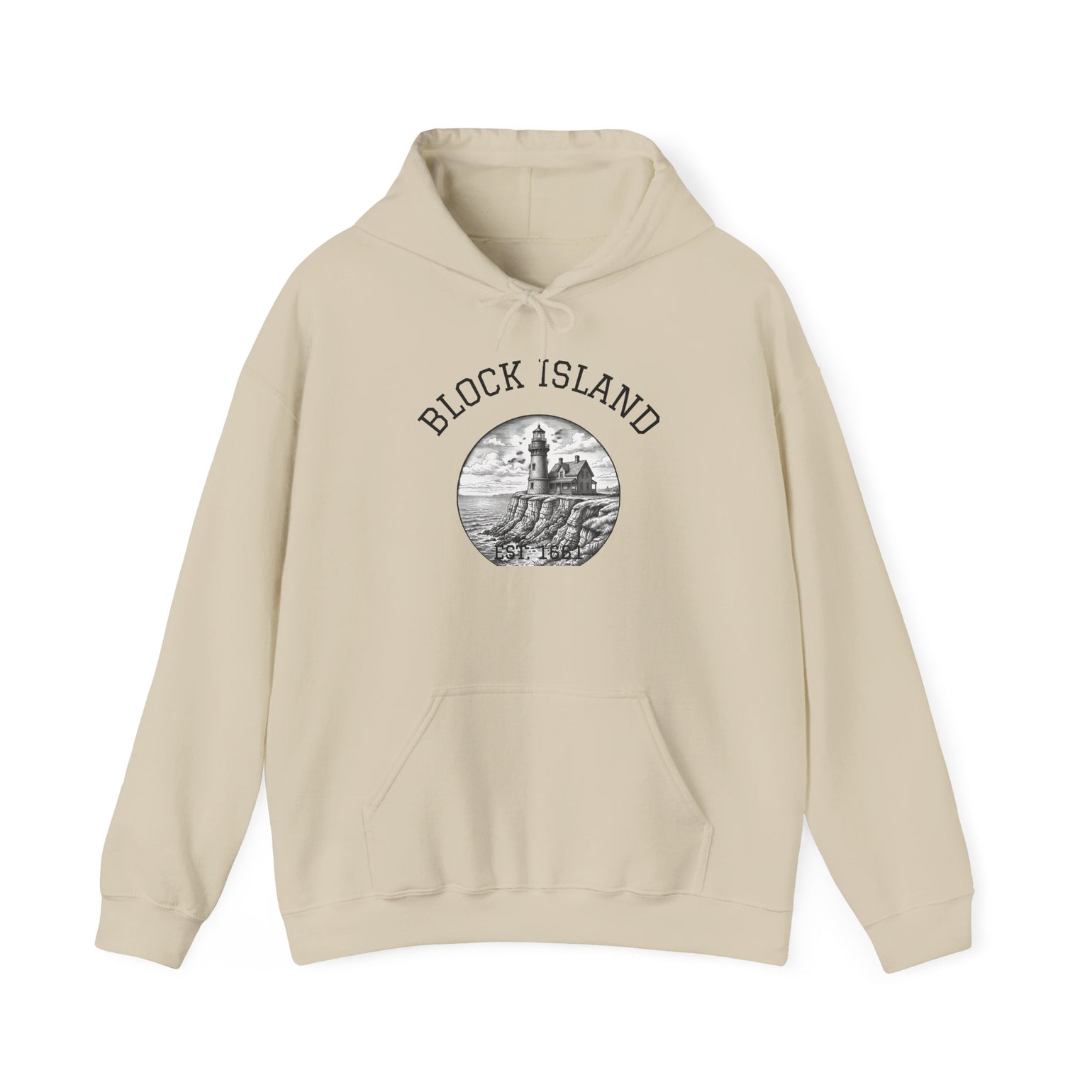 Southeast Light Hoodie, Block Island Lighthouse in Sand, BlockBoundRI