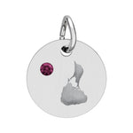 Round engraved Block Island charm with a cubic zirconia birthstone