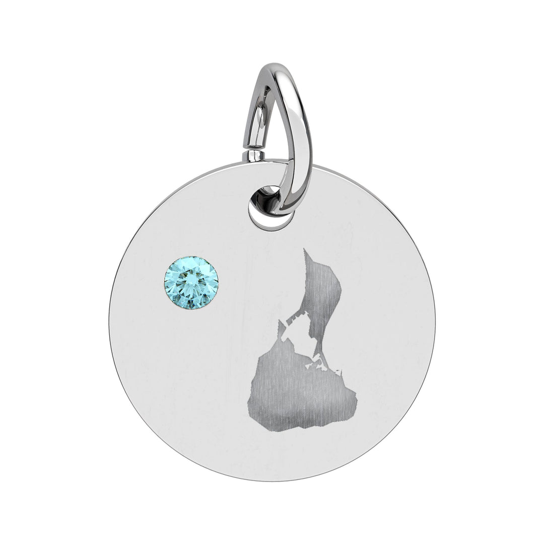 Round engraved Block Island charm with a cubic zirconia birthstone