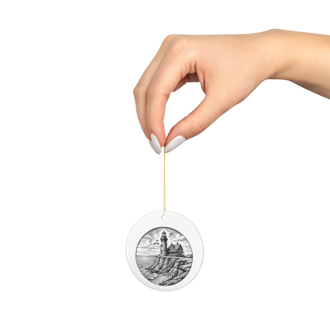 Southeast Light Christmas ornament 2026 shown to scale in hand, BlockBoundRI