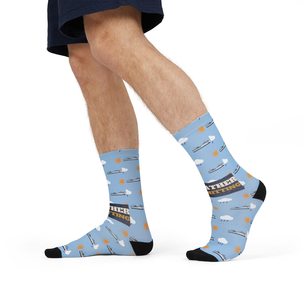 Model in navy shorts mid-stride showing the Weather Permitting band on light blue ferry crew socks
