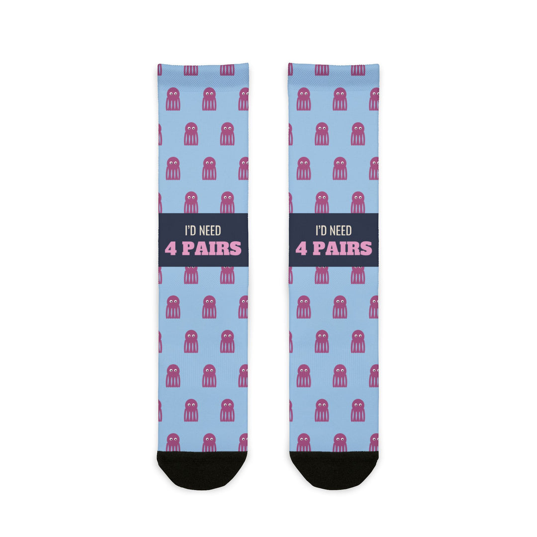 BlockBoundRI I'd Need 4 Pairs octopus socks, light blue with pink octopuses and navy band, flat lay