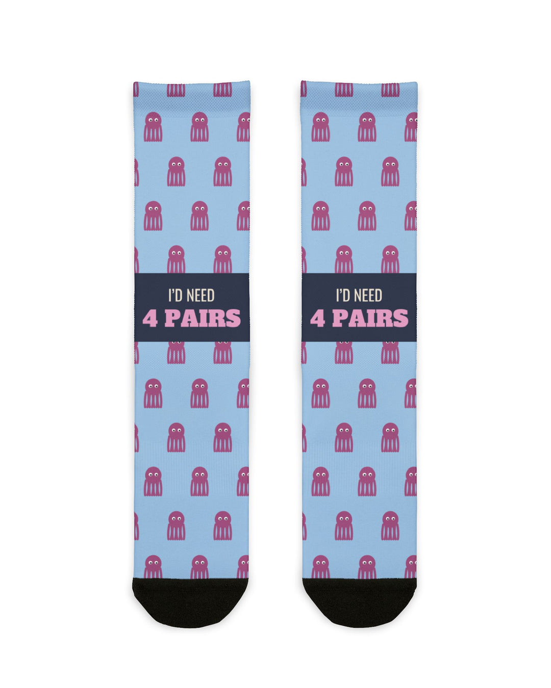 BlockBoundRI I'd Need 4 Pairs octopus socks, light blue with pink octopuses and navy band, flat lay