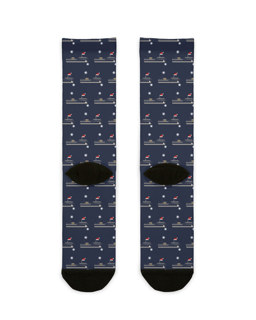 Back of the navy Home for the Holidays ferry Christmas socks laid flat, showing black heels and toes