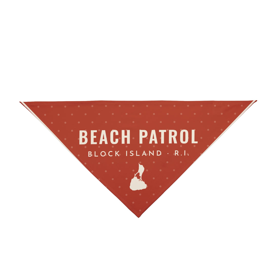 Large 27 x 13 red Beach Patrol dog bandana with Block Island R.I. text and white island silhouette, flat lay