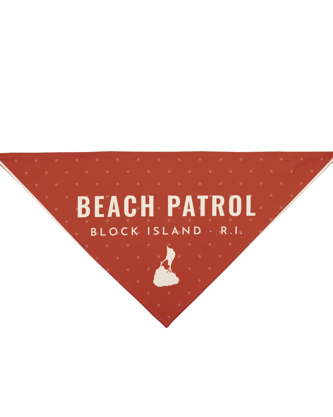 Large 27 x 13 red Beach Patrol dog bandana with Block Island R.I. text and white island silhouette, flat lay